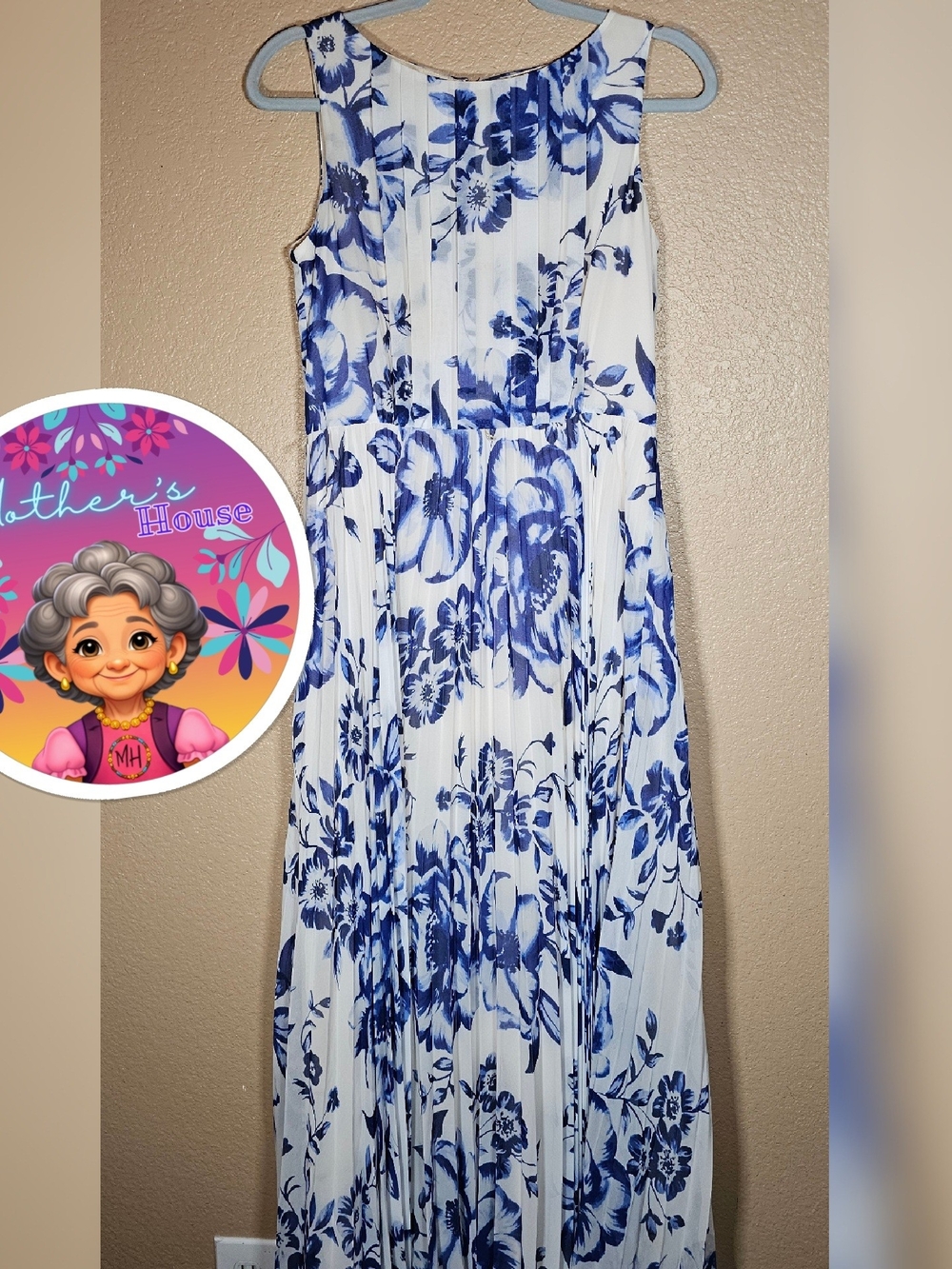 Eliza J White and Blue Floral Pleated Womens' Dress - Picture 2 of 5